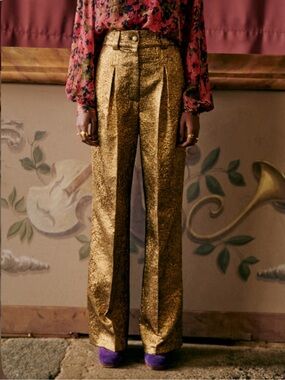 Sezane Theophile Trousers Royal Jacquard Gold Metallic Wide Leg Pants Sz 6 FR 38